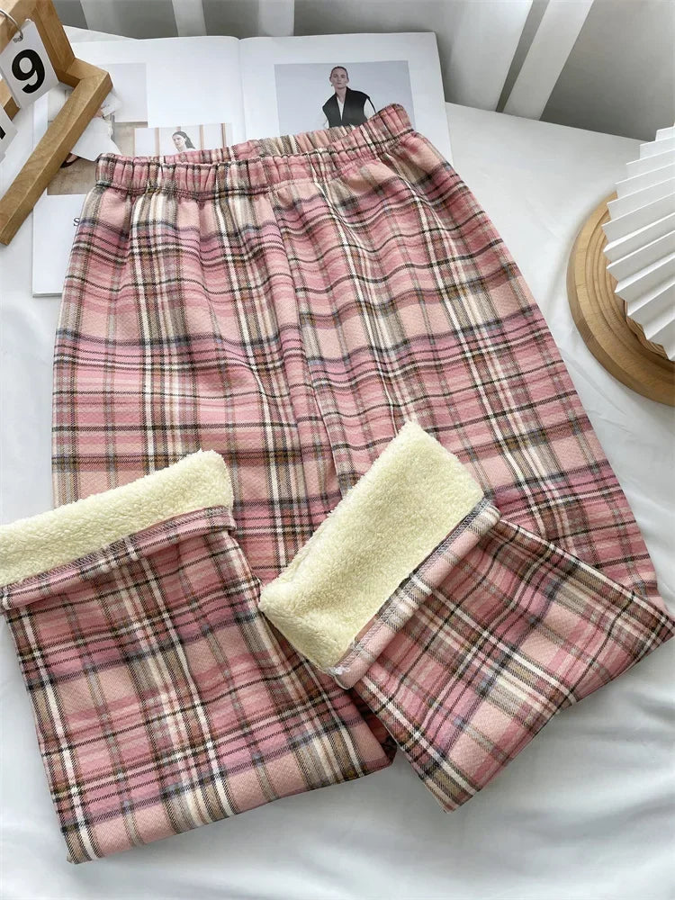 Fashion Warm Plush Pants Cashmere Thick Plaid Ladies Winter Casual Loose Wide-legged Pants Streetwear