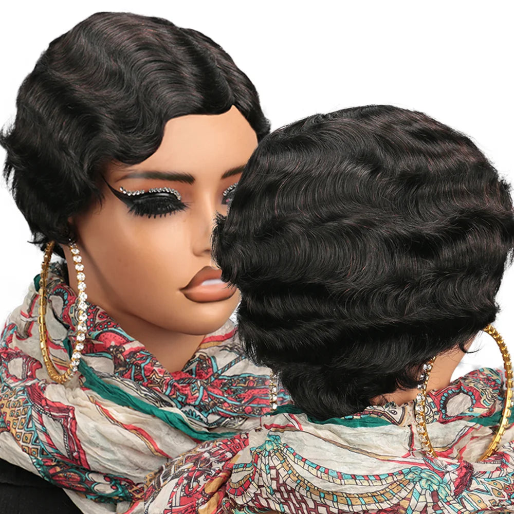 Short Finger Wave Human Hair Wig for Women – Brown Pixie Cut Ocean Wave Wig, Natural Color
