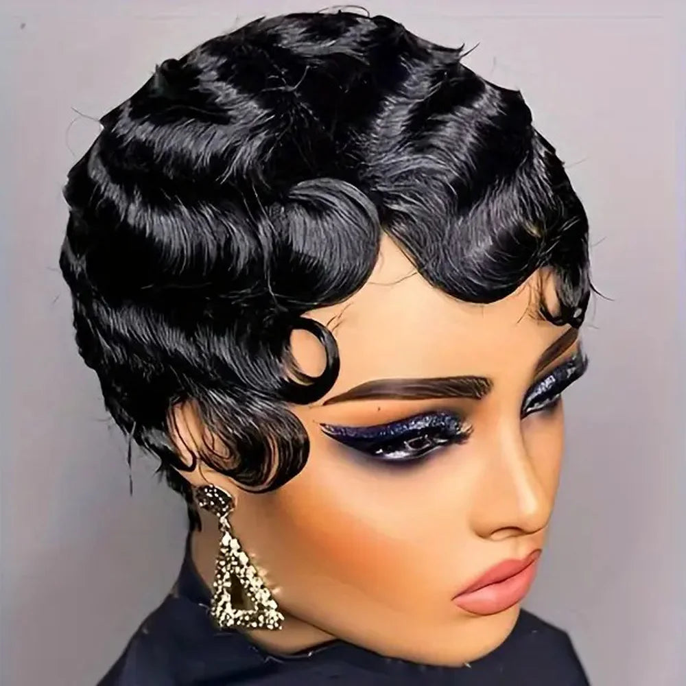 Short Finger Wave Human Hair Wig for Women – Brown Pixie Cut Ocean Wave Wig, Natural Color