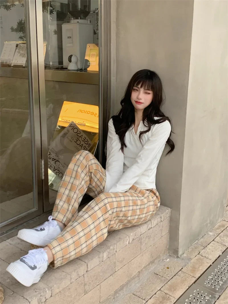 Fashion Warm Plush Pants Cashmere Thick Plaid Ladies Winter Casual Loose Wide-legged Pants Streetwear