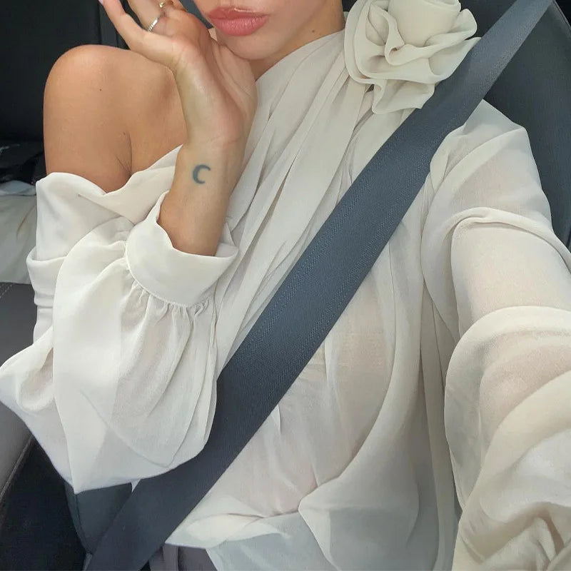 Women Chiffon Blouse Fashion OL One Shoulder Off Long Sleeve Blouse Female T Shirt