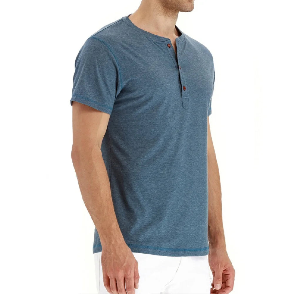 High Quality Cotton Henley T-Shirt for Men – Slim Fit, Short Sleeve, Solid Color, Fashion Casual Tee