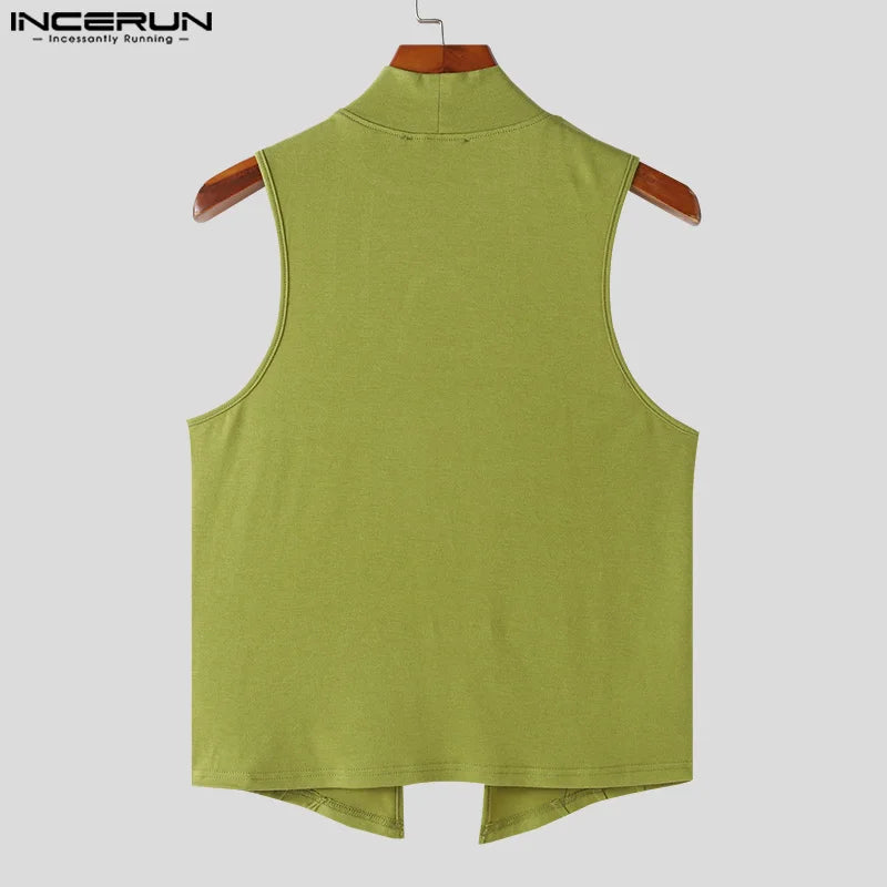 Stylish Clubwear Tops – INCERUN Men's Hollow-Out Semi High Neck Knitted Vests, Fashion Sleeveless Solid Tank Tops (Sizes S–5XL)