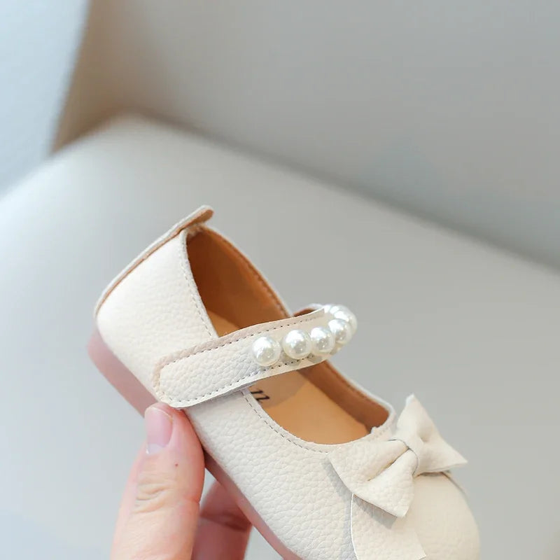 Baby Toddler Girls Party Shoes Leather Pearls Beaded with Butterfly-knot Kids Mary Janes PU Leather Soft Cute Flats