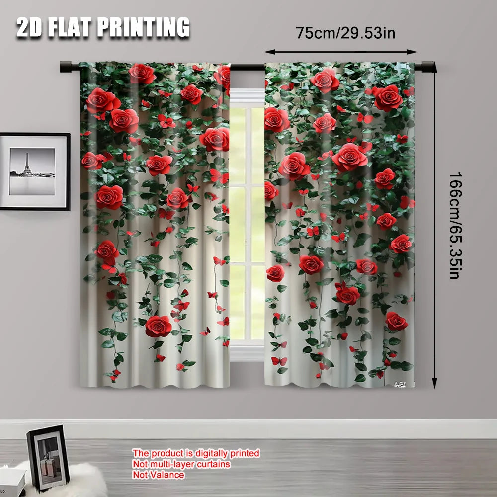 2Pcs 2D Flat Printed Rose & Butterfly Scene Curtains – Floral Polyester Panels, Machine Washable, No Electricity Required, Party or Room Decoration