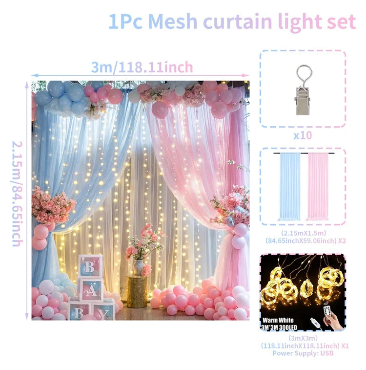 1 Set/2 Pieces Tulle Backdrop Curtains with Lights for Party Wedding Arch Baby Shower Birthday Party Photo Shoot Decorations