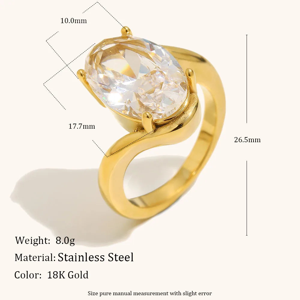 Elliptical Zircon Asymmetric Stainless Steel Women’s Ring – Gold Plated Fashion Jewelry