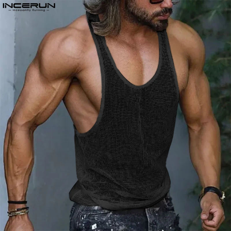 INCERUN Men’s Tank Tops – Mesh Transparent O-Neck Sleeveless Vests – Streetwear Summer Breathable Fashion 2024 – Available in Sizes S-5XL