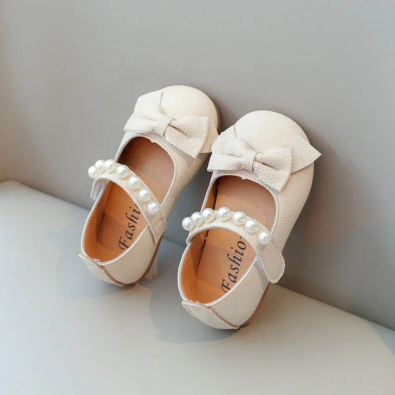 Baby Toddler Girls Party Shoes Leather Pearls Beaded with Butterfly-knot Kids Mary Janes PU Leather Soft Cute Flats