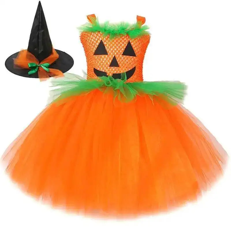 Girls Pumpkin Witch Costume – Halloween Fancy Dress Outfit with Tutu for Kids, Carnival & Party Wear