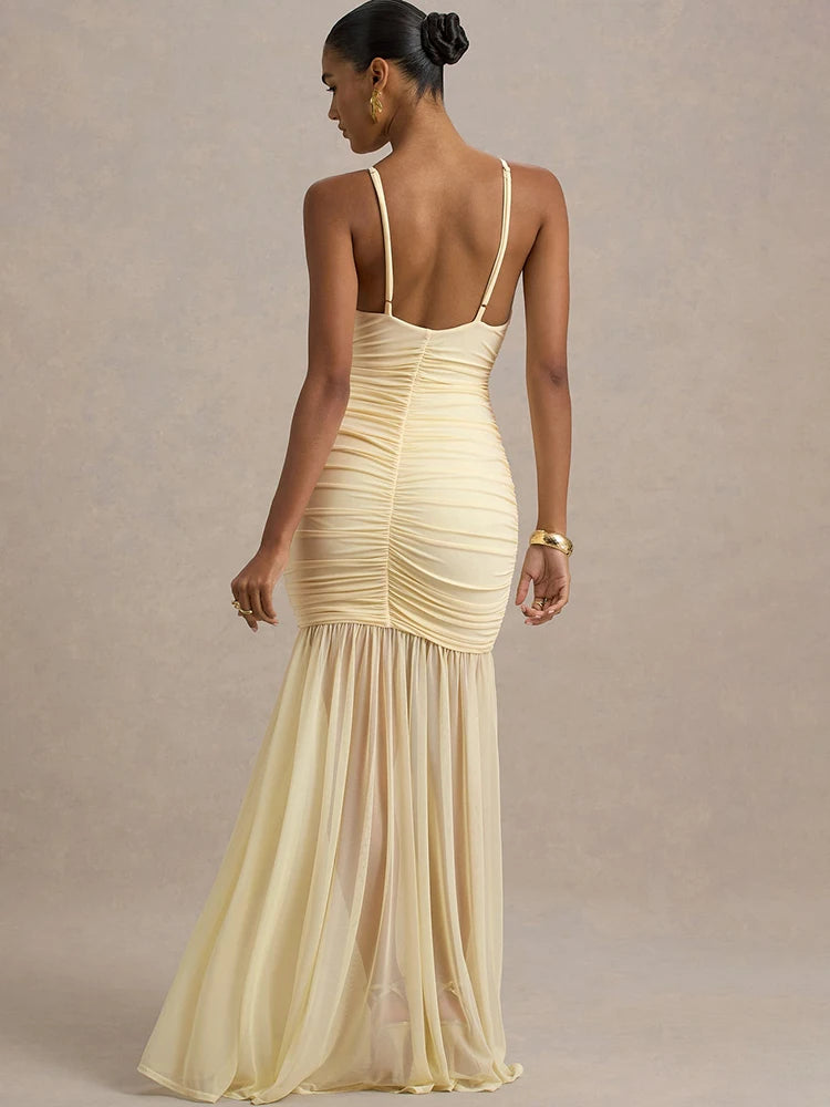 Women's Patchwork V-Neck Maxi Dress – Backless High-Waist Ruched Evening Gown