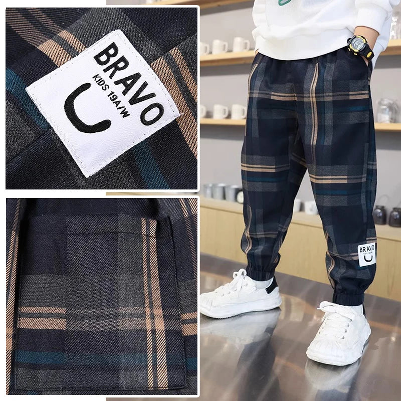 Boys' Cotton Plaid Pants – Casual Loose Fit Trousers for Kids & Teens (Spring/Autumn)