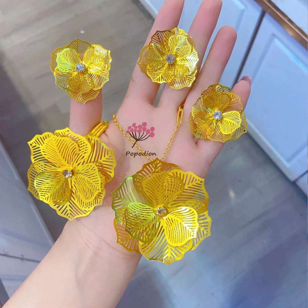 Dubai New 24K Gold-Plated Necklace, Earrings, Rings, and Bracelets Jewelry Set for Women – Perfect for Gifts, Weddings, and Parties.