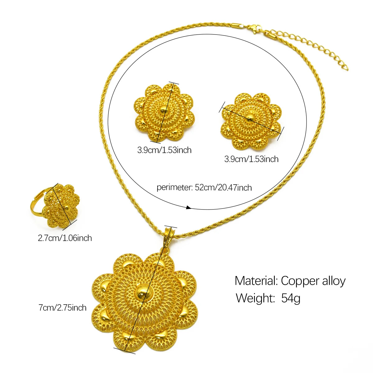 Luxury Dubai Flower Necklace And Earrings Sets For Women Ethiopian Bridal 24k Gold Colour Jewelry Set
