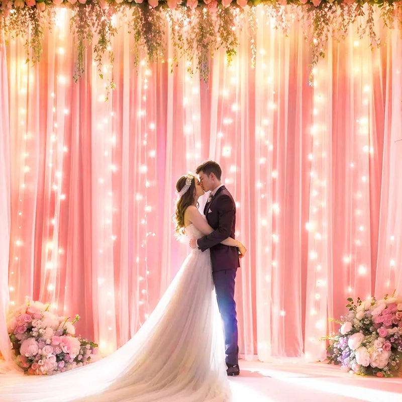 1 Set/2 Pieces Tulle Backdrop Curtains with Lights for Party Wedding Arch Baby Shower Birthday Party Photo Shoot Decorations