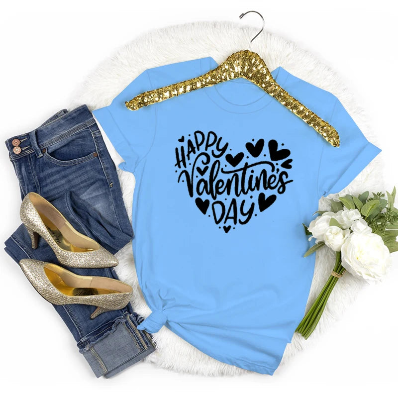 Happy Valentine's Day Crew Neck Short Sleeve T-shirt Women Heart Love Design Fashion Casual Tops Valentines Day Gifts T-shirts