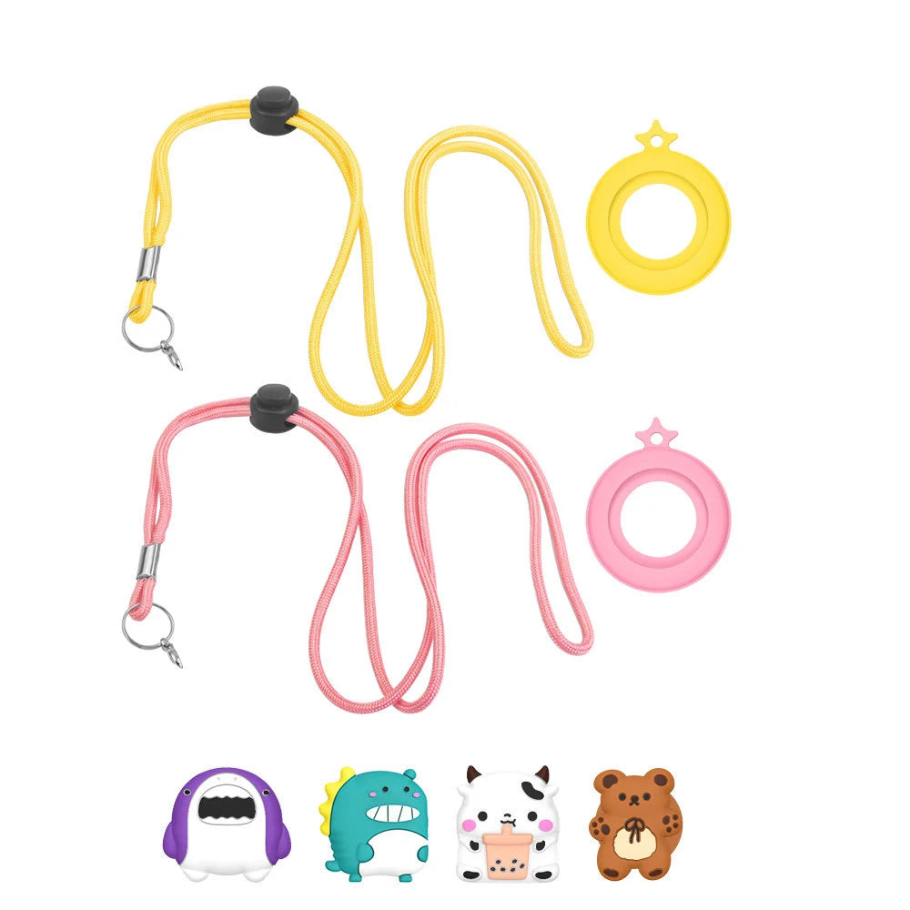 Cute AirTag Holder with Necklace for Kids – 2 Adjustable Necklaces with 4 Cartoon Accessories, Soft Silicone, Anti-Lost, Waterproof