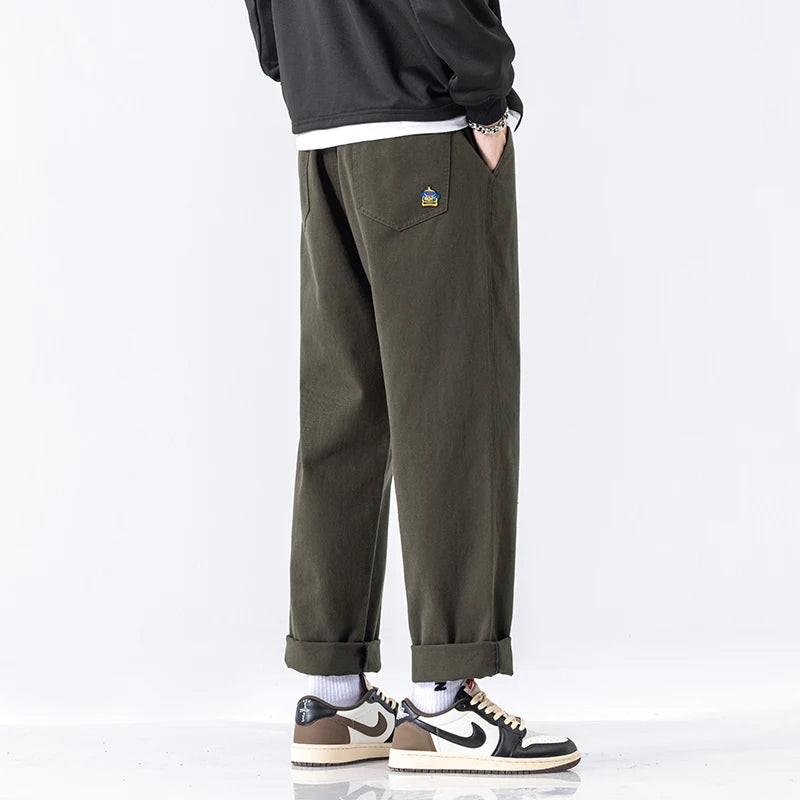 HIQOR Men's Casual Jogger Pants – Loose Straight-Leg Cotton Vintage Cargo Trousers, Solid Color Streetwear