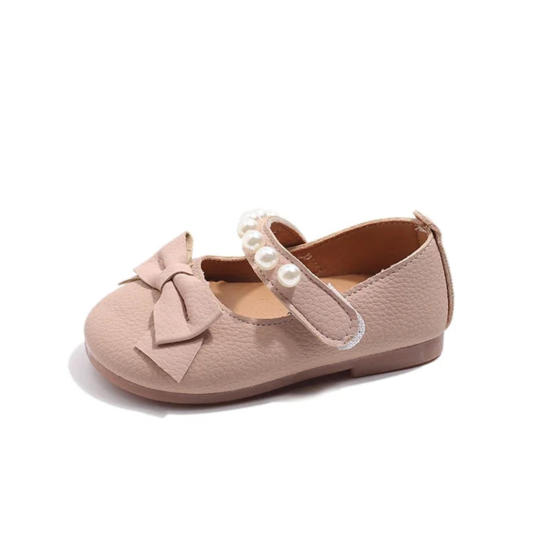 Baby Toddler Girls Party Shoes Leather Pearls Beaded with Butterfly-knot Kids Mary Janes PU Leather Soft Cute Flats