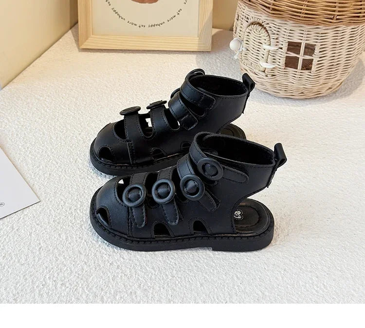 Kids High-Top Beach Shoes – Hollowed-Out Princess Sandals with Hook & Loop Strap | Trendy Summer Solid Color Children’s Sandals