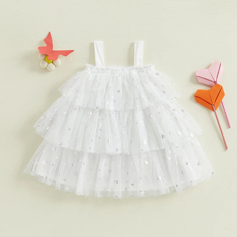 1-9 Years Girls Fashion Valentine Day Dress Kids Star Print Square Neck Sleeveless Children’s Layered Tulle with 3D Heart Clothes