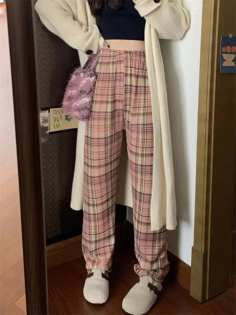 Fashion Warm Plush Pants Cashmere Thick Plaid Ladies Winter Casual Loose Wide-legged Pants Streetwear