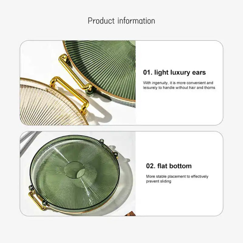 Tea Dessert Fruit Storage Tray Living Room Kitchen Dinner Plate with Golden Handle Household