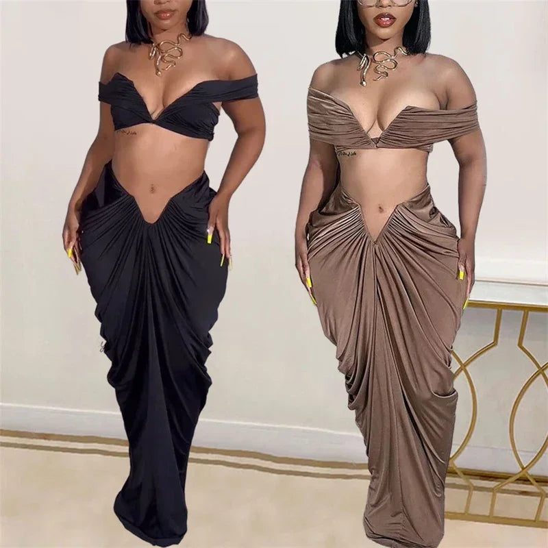 Party Night Ruched Maxi Dress Sets for Women Two Piece Set Sexy Club Outfits Slash Neck Crop Top + Long Skirt Matching Sets