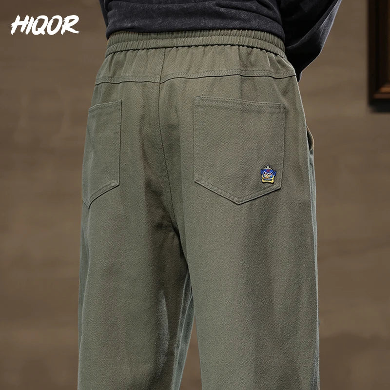 HIQOR Men's Casual Jogger Pants – Loose Straight-Leg Cotton Vintage Cargo Trousers, Solid Color Streetwear