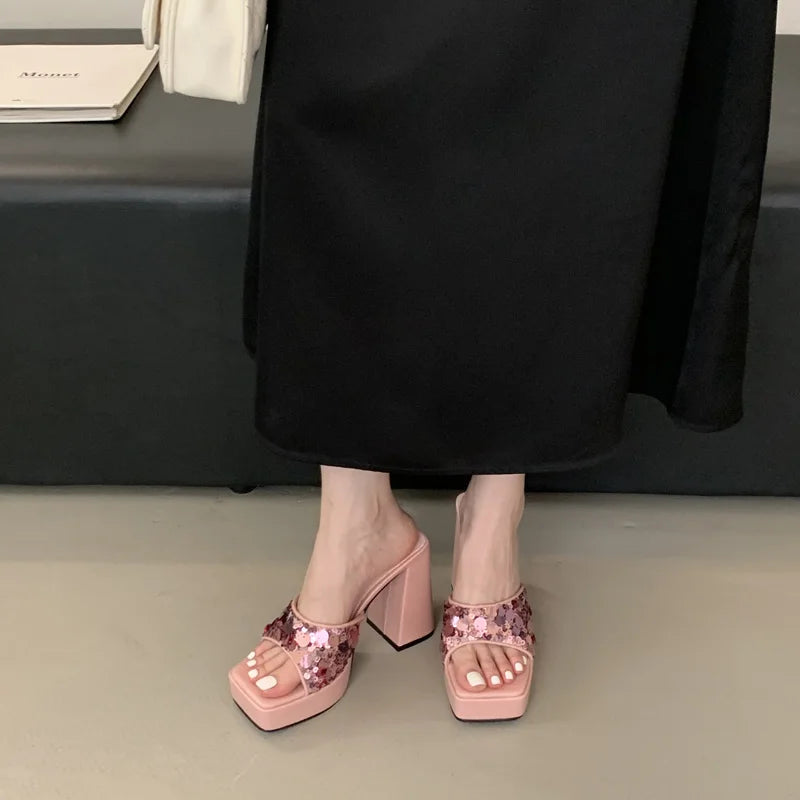 Silver & Pink Chunky Heel Platform Sandals – Square Toe Slip-On High Heels for Women