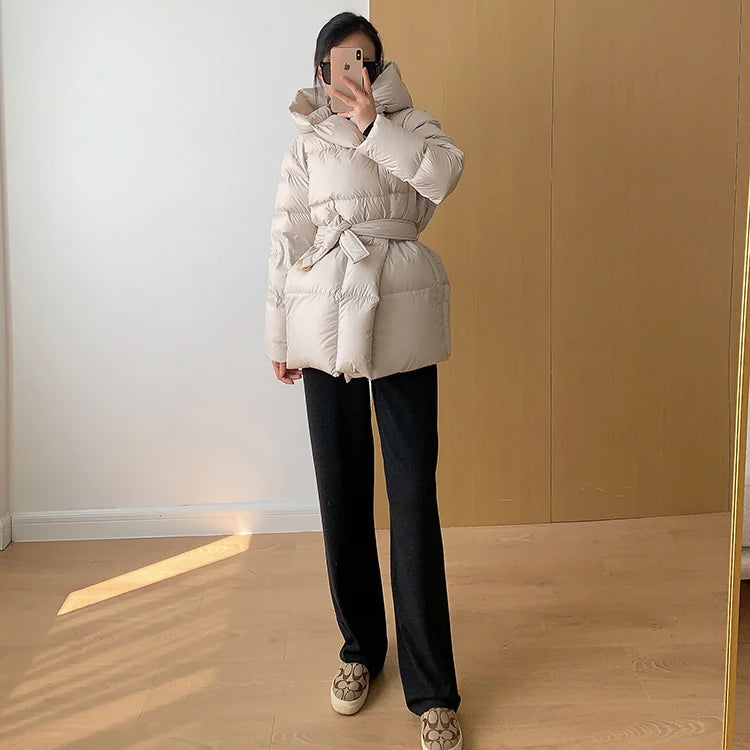Women's Winter Jackets Ultra Light Warm Puffer Jacket With Belt Plus Size Hooded Female Jacket