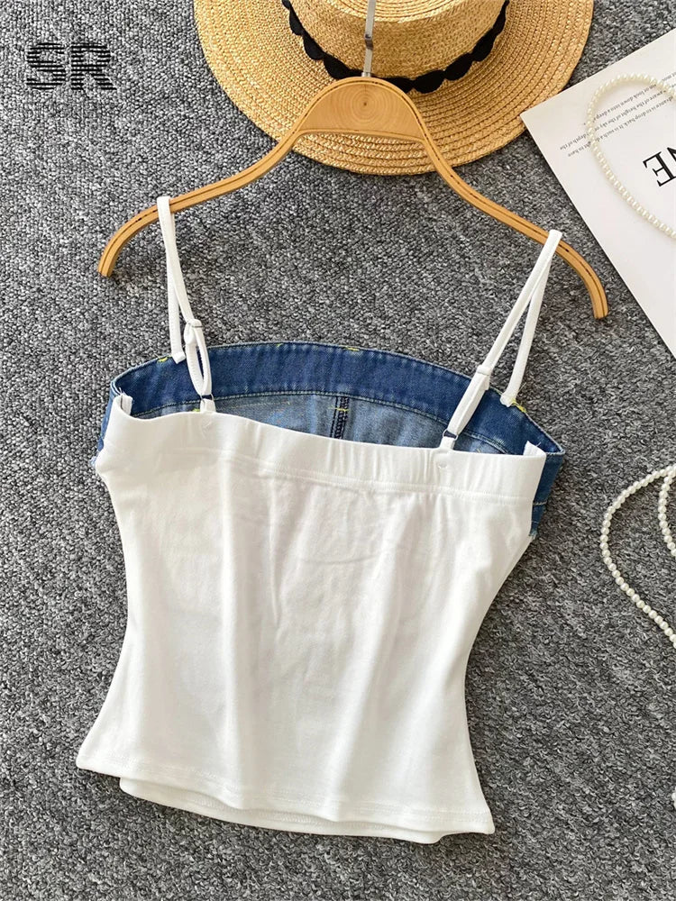 Vintage Vibes Y2K Denim Mix Letter-Embroidered Strap Crop Top for Women – Urban Chic Patchwork Slim Fit Street Style