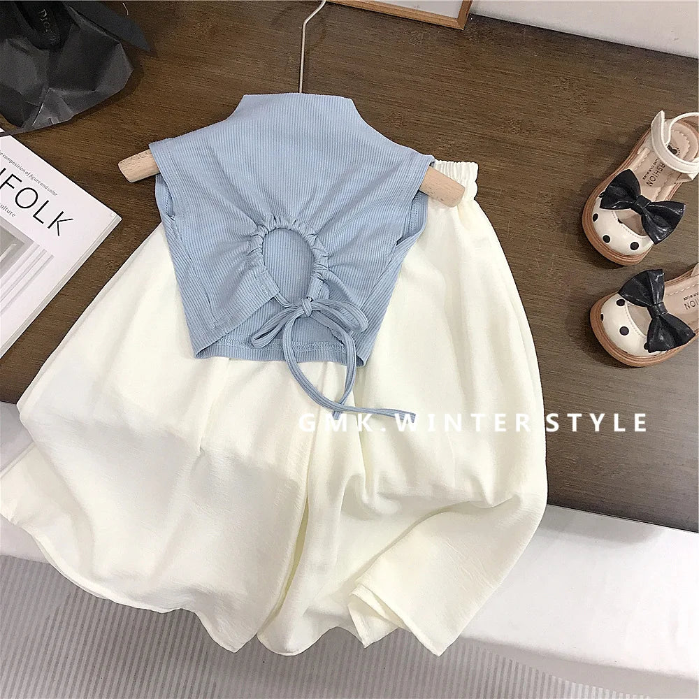 New Fashion Children Girls Two Pieces Set Backless T-Shirt Summer White Wide Leg Pants 2025 Solid Simple Blue Pleated