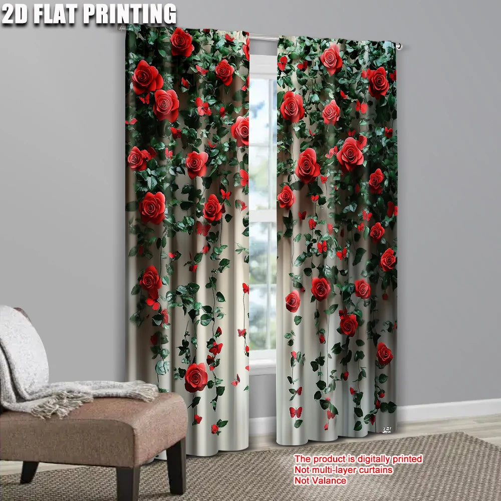 2Pcs 2D Flat Printed Rose & Butterfly Scene Curtains – Floral Polyester Panels, Machine Washable, No Electricity Required, Party or Room Decoration