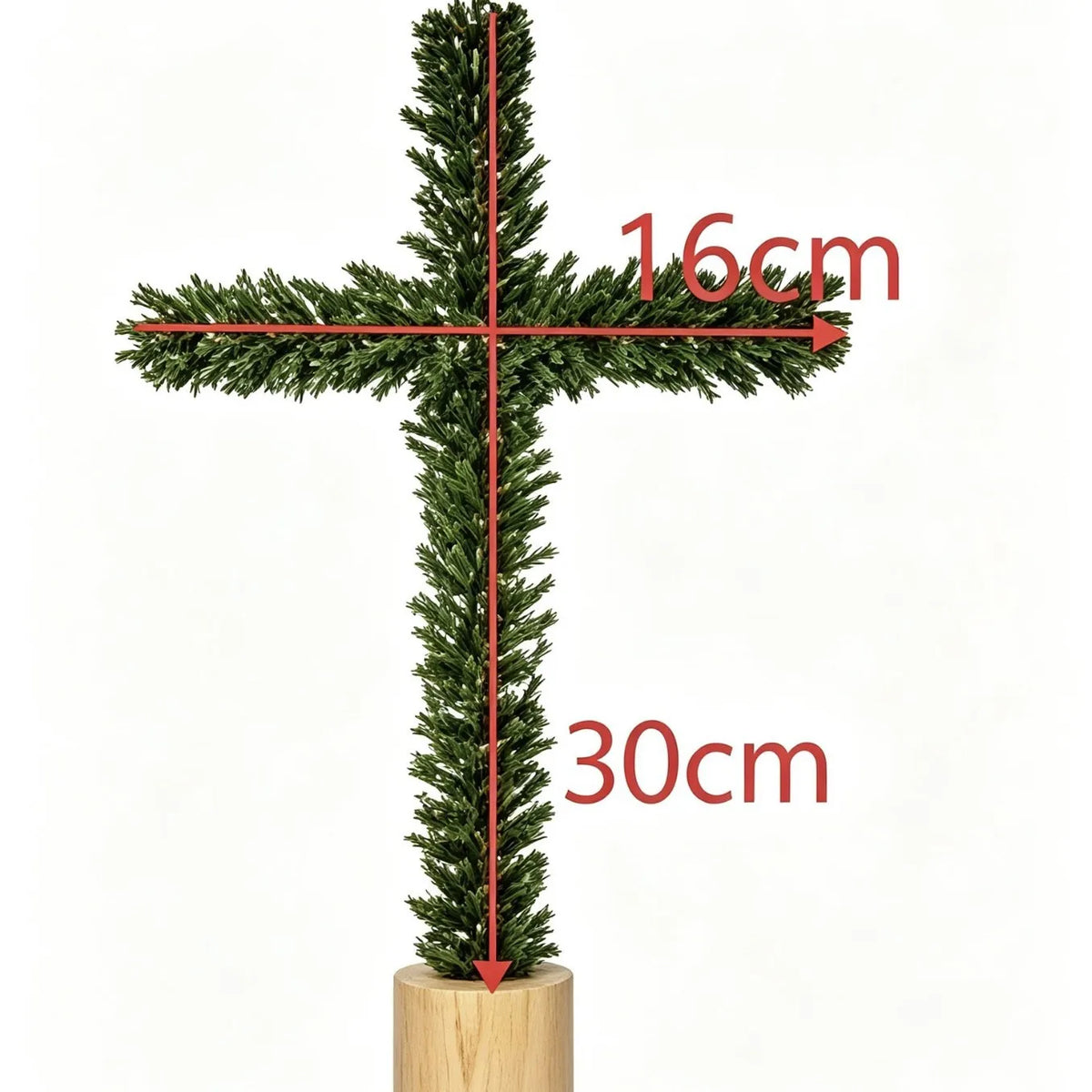 Artificial Pine-Style Greenery Cross with White Fabric Drape and Wood-Look Base for Christmas, Easter and Religious Tabletop Decor