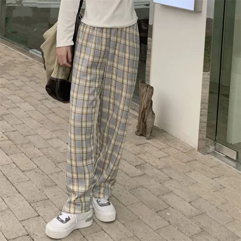Fashion Warm Plush Pants Cashmere Thick Plaid Ladies Winter Casual Loose Wide-legged Pants Streetwear