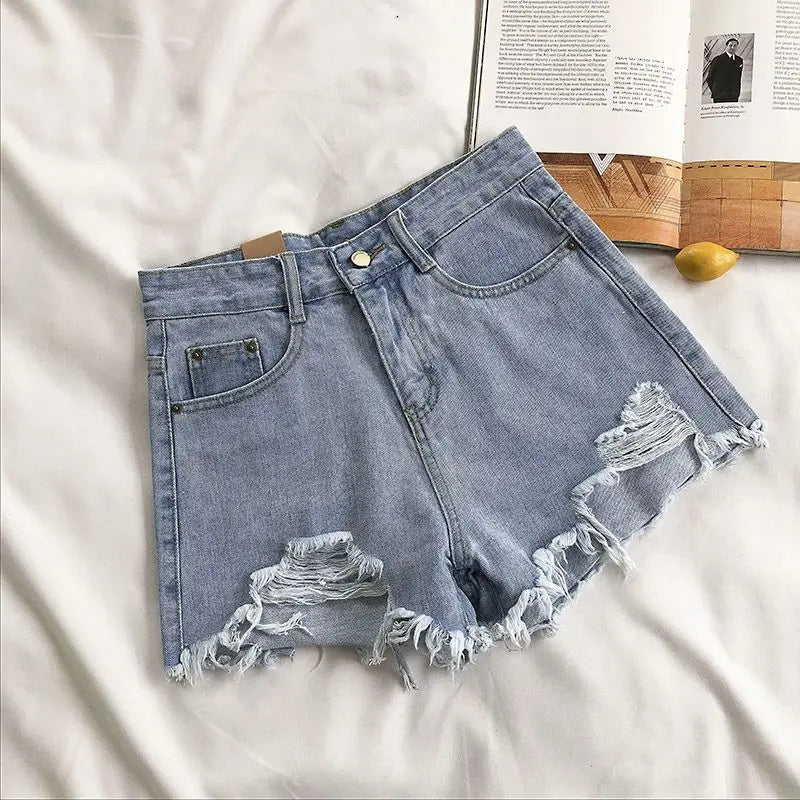 High Waist Denim Shorts Women Summer Pocket Tassel Hole Ripped jeans Short Female Pants