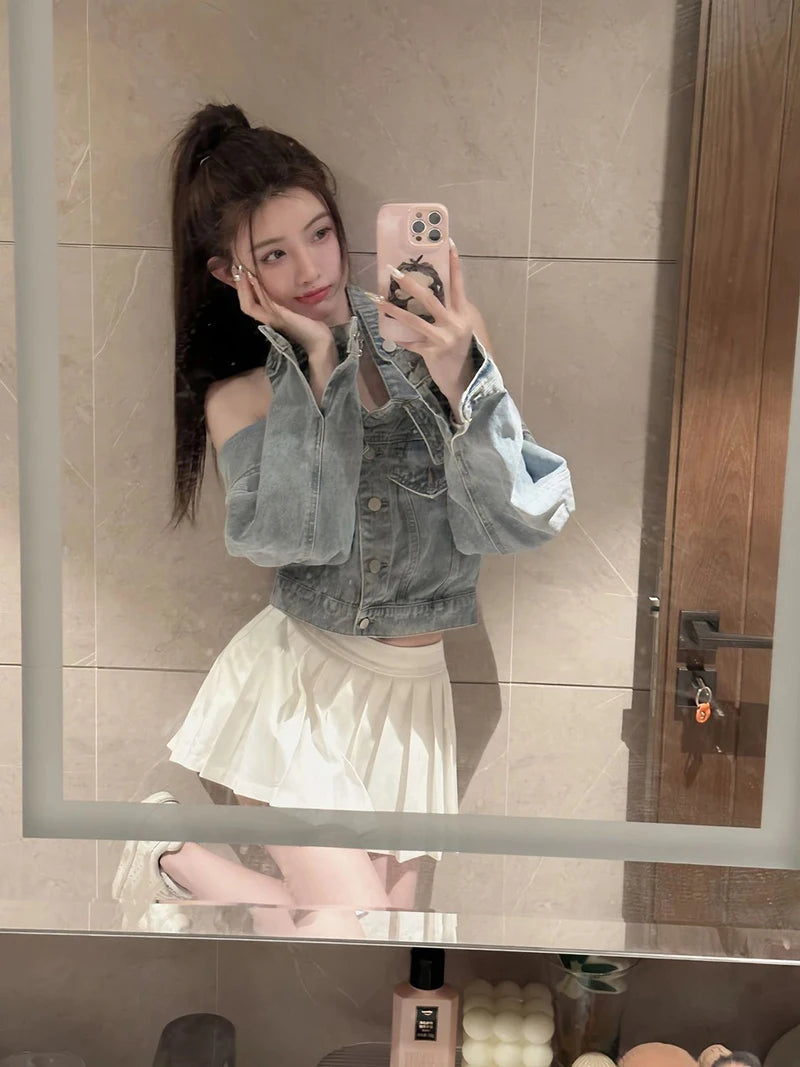 Y2K Cropped Denim Jacket for Women – Vintage Slash Neck Halter Jean Coat with Long Sleeves, Casual Streetwear Outerwear