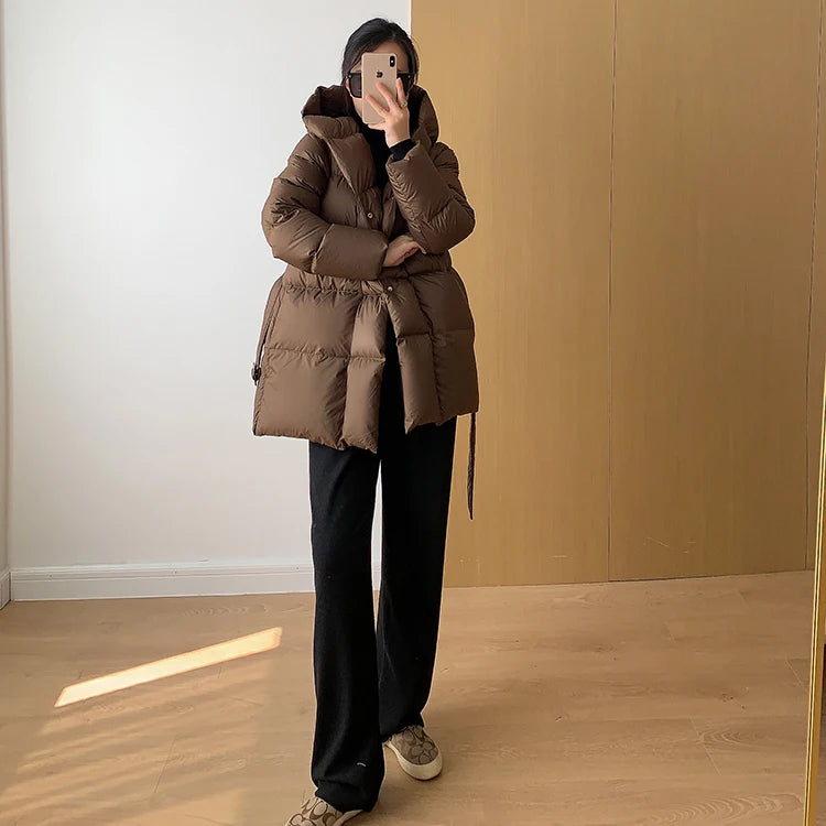 Women's Winter Jackets Ultra Light Warm Puffer Jacket With Belt Plus Size Hooded Female Jacket