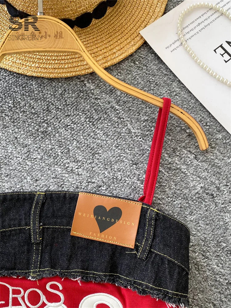 Vintage Vibes Y2K Denim Mix Letter-Embroidered Strap Crop Top for Women – Urban Chic Patchwork Slim Fit Street Style