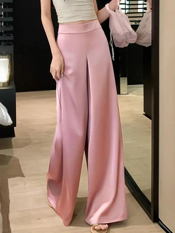 Women's High-Waisted White Satin Wide-Leg Pants – Elegant Floor-Length Spring/Summer Trousers