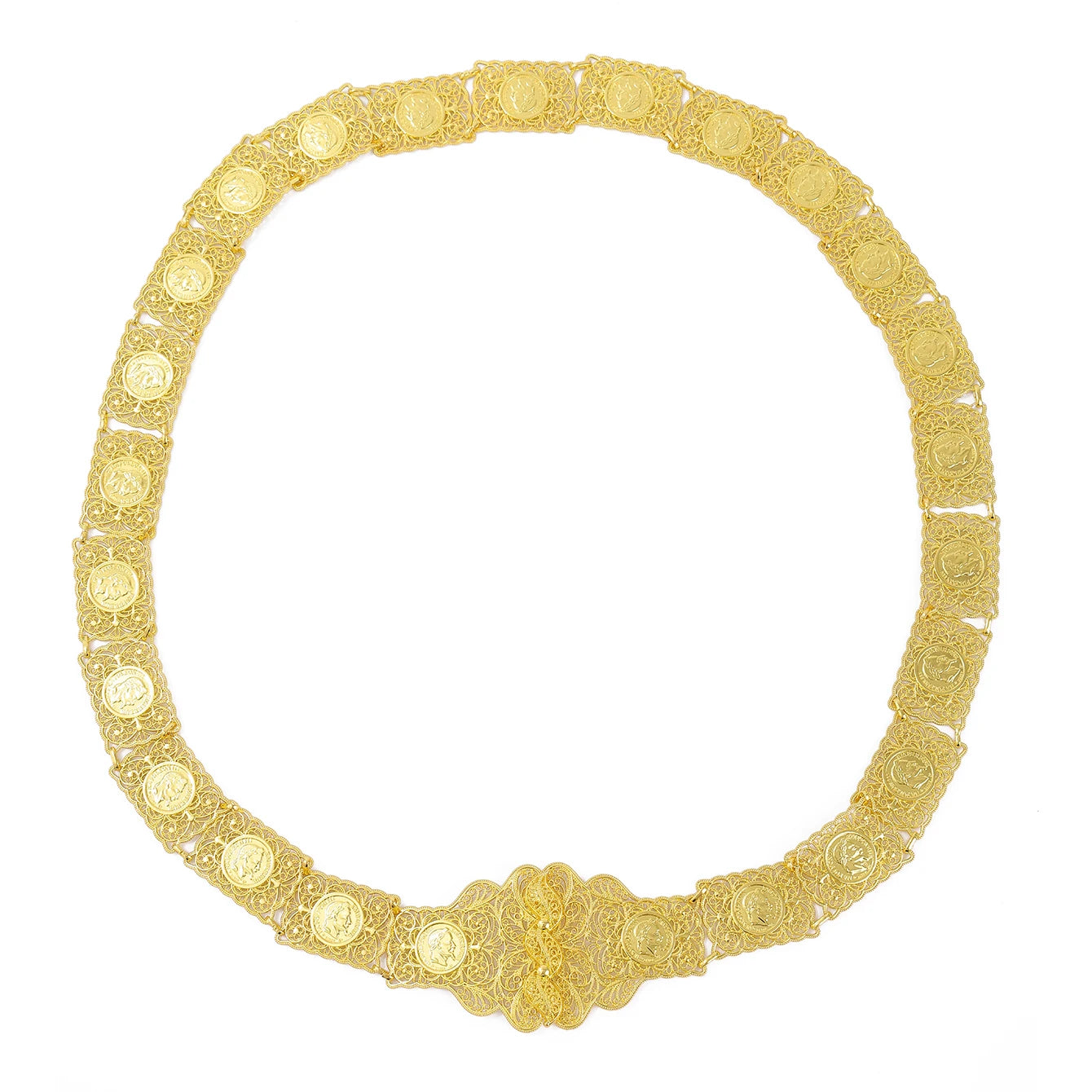 Algerian Coin Hollow out With Gold-Plated Metal Handmade Finely Carved Napoleonic Arabian Bridal Waist Chain Jewelry Belt