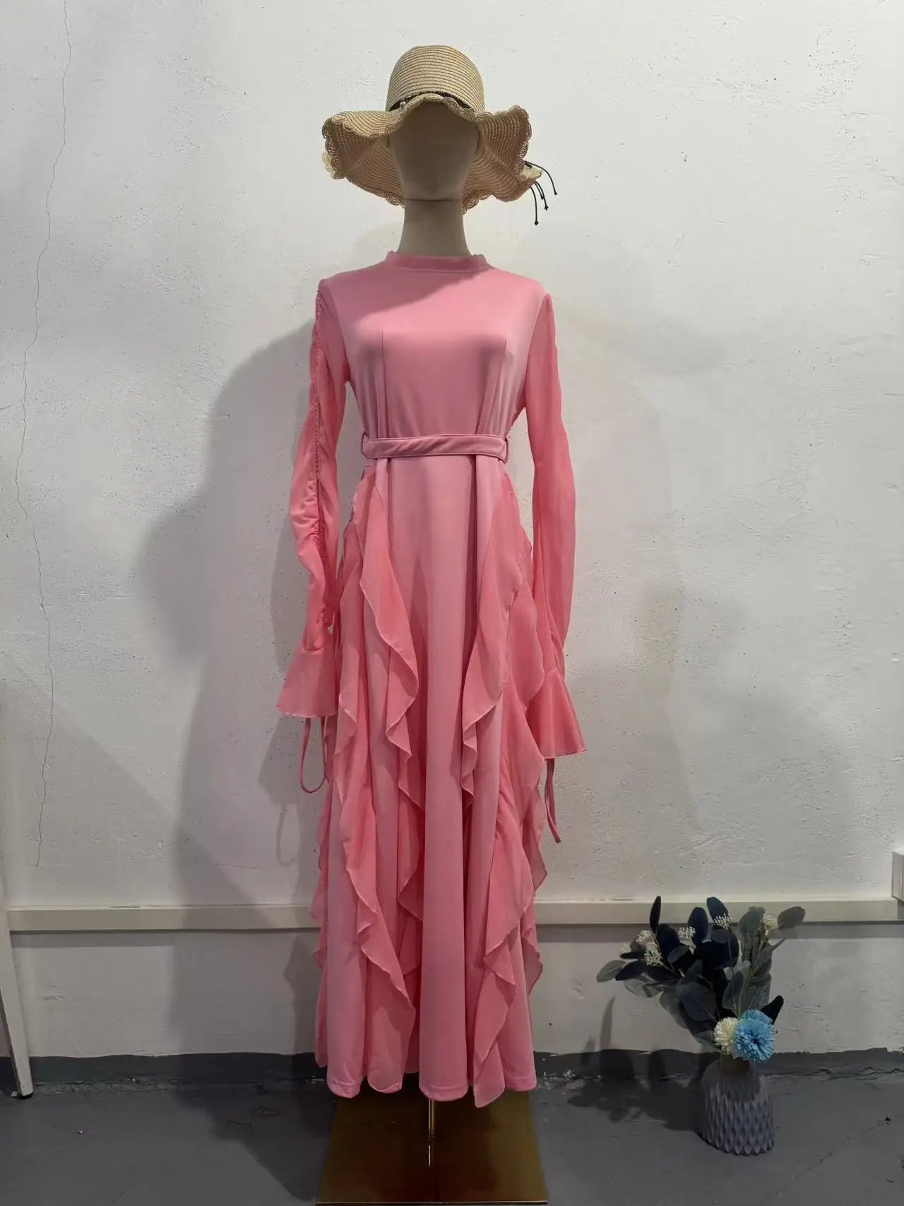 Eid Luxe Flow Gown – Elegant Modestwear Kaftan Inspired by Moroccan Jalabiya, Ruffle Trim Dubai Style Robe Dress for Women"