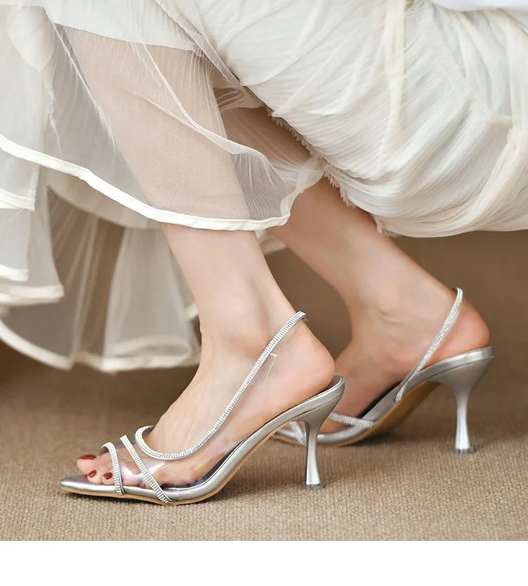 Women's High-Heeled Sandals – Pointed Toe, Thin Heel, Bright Stripe Design | Elegant Formal Dress Shoes