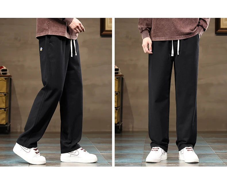 HIQOR Men's Casual Jogger Pants – Loose Straight-Leg Cotton Vintage Cargo Trousers, Solid Color Streetwear