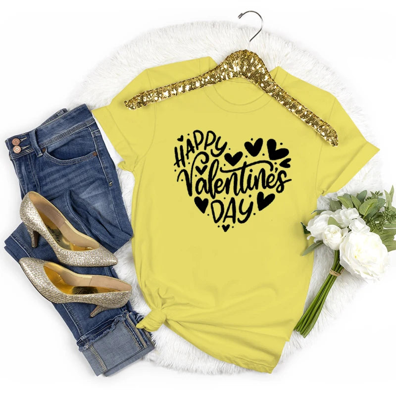 Happy Valentine's Day Crew Neck Short Sleeve T-shirt Women Heart Love Design Fashion Casual Tops Valentines Day Gifts T-shirts