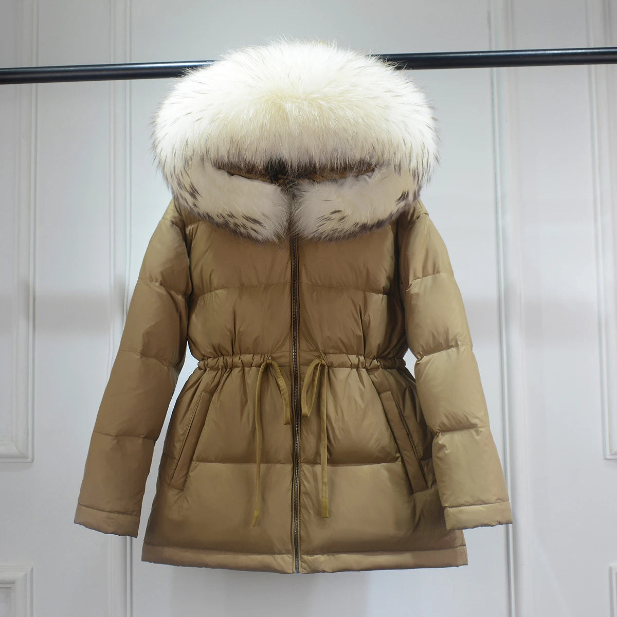 Janveny Winter Puffer Jacket Women Large Natural Raccoon Fur Hooded 90% Duck Down Coat Female Warm Sash Tie Parkas Waterproof