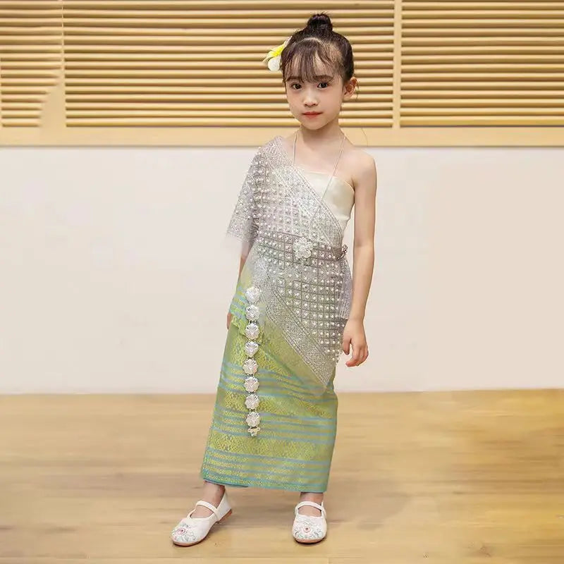 Girls’ Thai Traditional Festival Dress – Bride & Dai Minority Costume with Gilded Yarn, Travel & Party Outfit