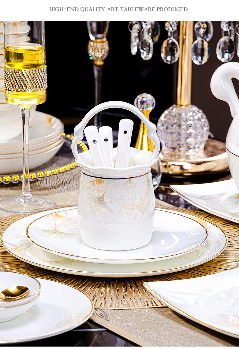 60 Heads Jingdezhen Bone China Dishes Set Pot Dinner Tableware Rice Bowl Soup Bowl Salad Noodles Bowl Plate Dish Bowl Dinnerware