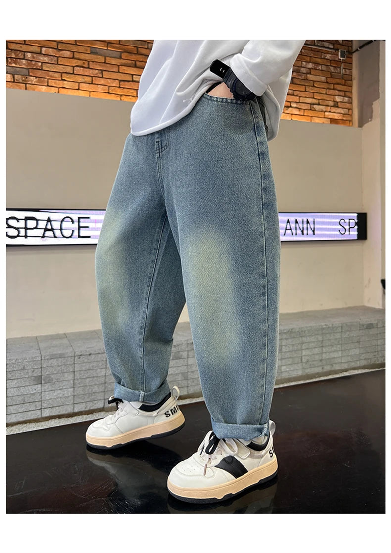 Boys' Straight-Leg Jeans –Street Style, Wide-Leg Fit with Back Pocket Letter Design, Sizes for Medium and Big Kids